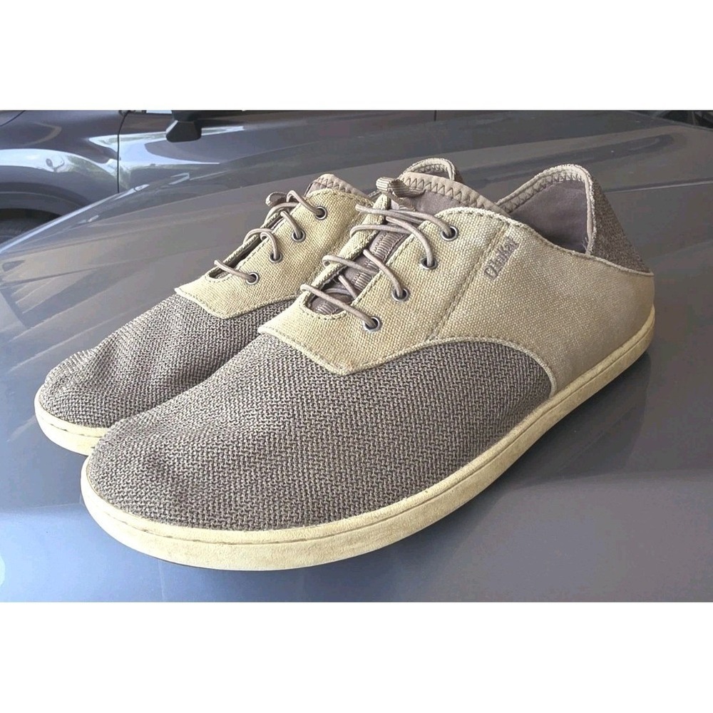 OluKai Nohea Moku Mens Boat Shoes Tan Grey Mesh Canvas Sneakers 10283-2110